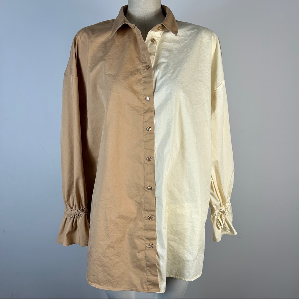 Two-Tone Beige & Cream Button-Up Shirt